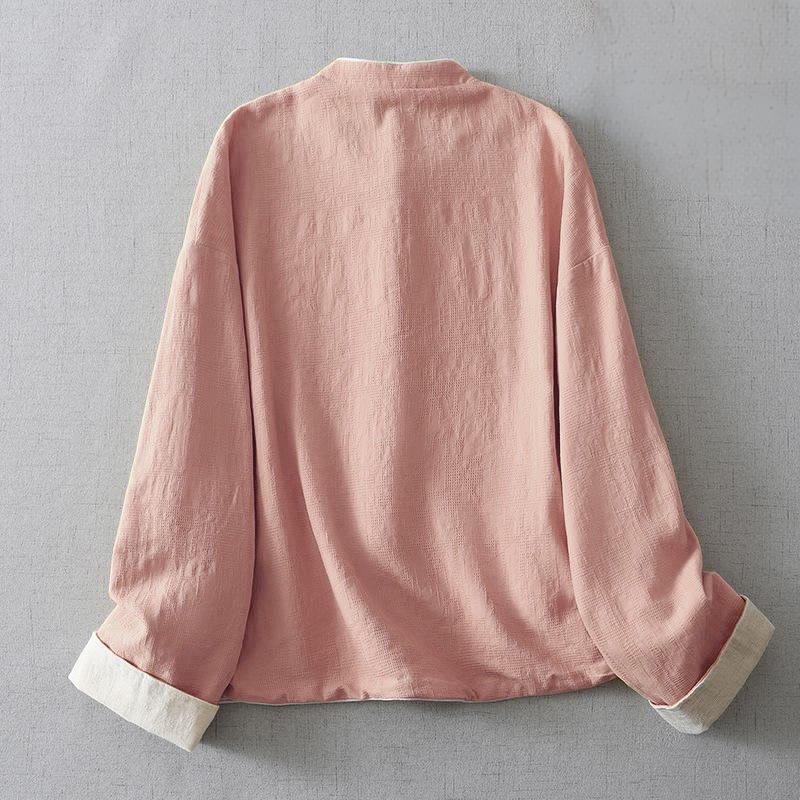 Buddha Stones Damen-Jacke aus schlichtem Jacquard-Baumwoll-Leinen-Mischgewebe mit Stehkragen, langen Ärmeln und Taschen - image 6