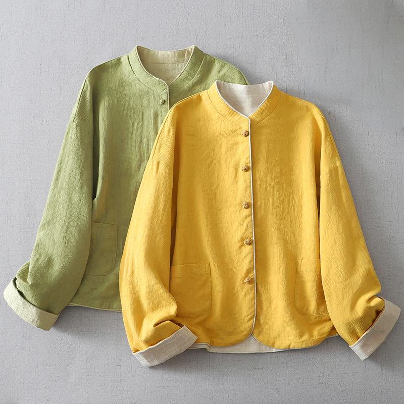 Buddha Stones Damen-Baumwolljacke mit Stehkragen, langen Ärmeln und Taschen, schlichtem Jacquardmuster - image 4