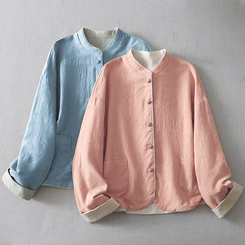 Buddha Stones Damen-Baumwolljacke mit Stehkragen, langen Ärmeln und Taschen, schlichtem Jacquardmuster - image 9