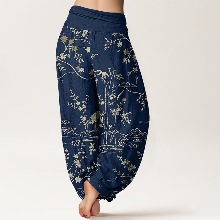 Damen-Haremshose aus reiner Baumwolle mit Buddha Stones, Kranich-, Blumen- und Zweigmuster, elastischem Bund. - image 1