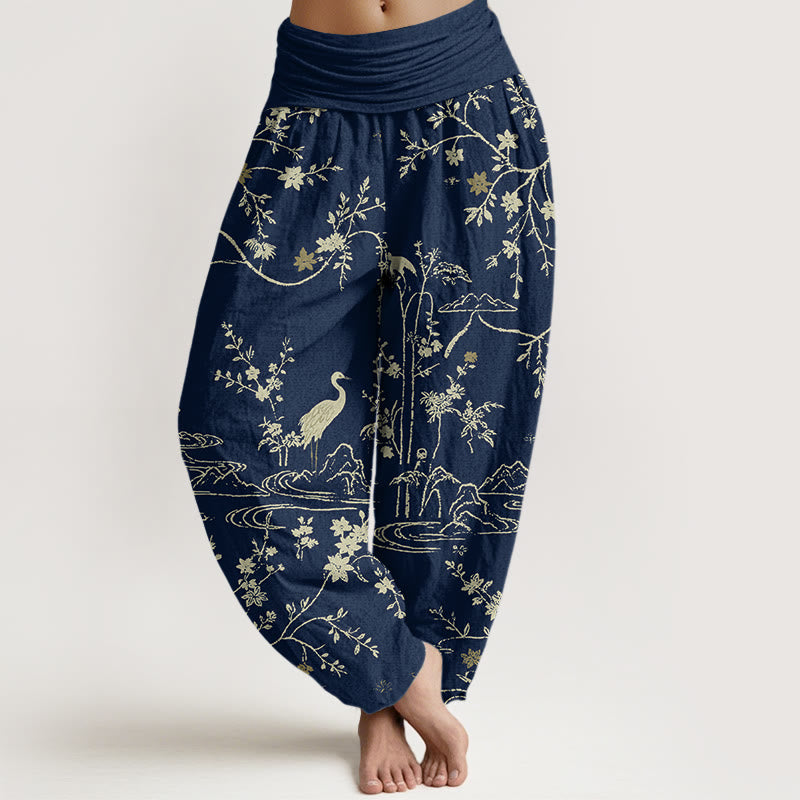 Damen-Haremshose aus reiner Baumwolle mit Buddha Stones, Kranich-, Blumen- und Zweigmuster, elastischem Bund. - Mitternachtsblau - US16, UK/AU20, EU48 (3XL) - image 0