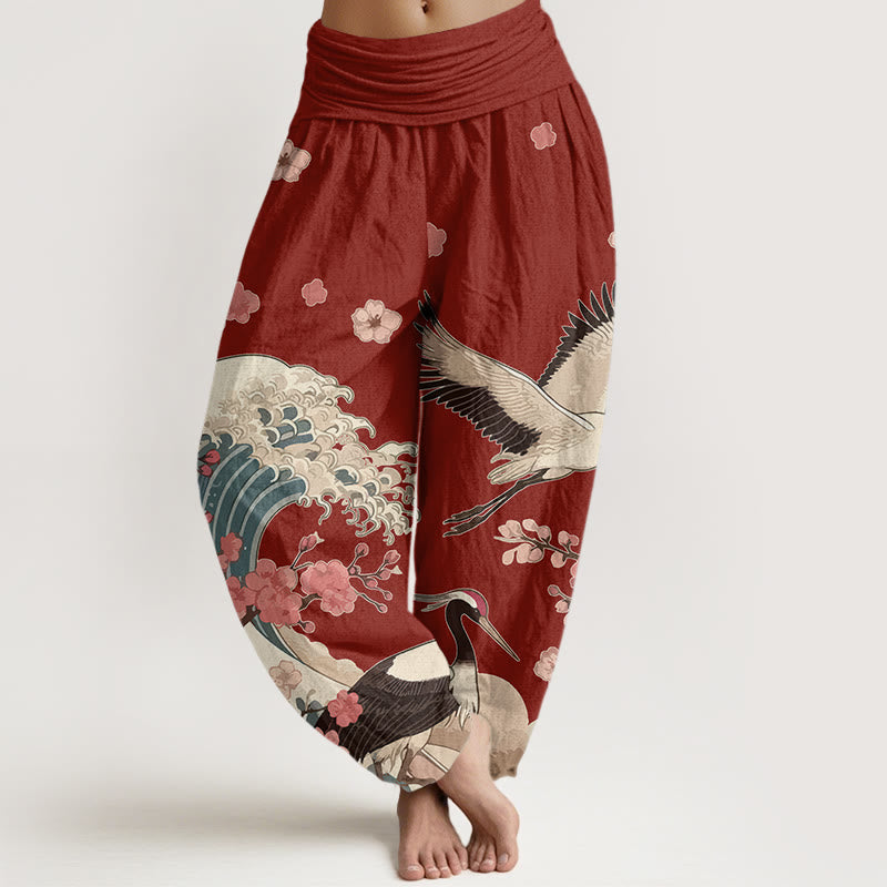 Buddha Stones, reine Baumwolle, Kraniche, Pfirsichblüten, Ozean – Damen-Haremshose mit elastischem Bund - Dunkelrot - US16, UK/AU20, EU48 (3XL) - image 0