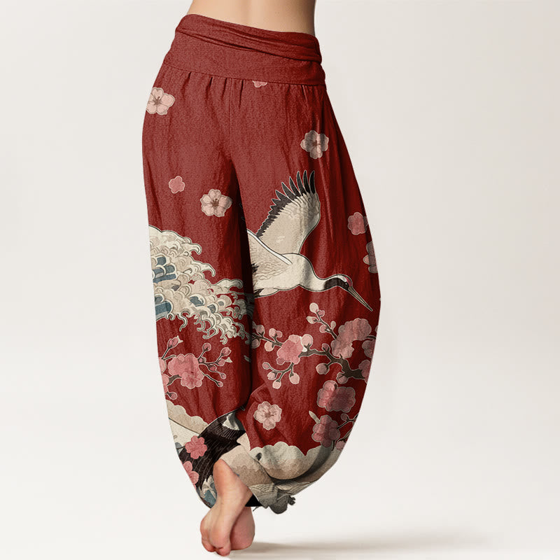 Buddha Stones, reine Baumwolle, Kraniche, Pfirsichblüten, Ozean – Damen-Haremshose mit elastischem Bund - image 1