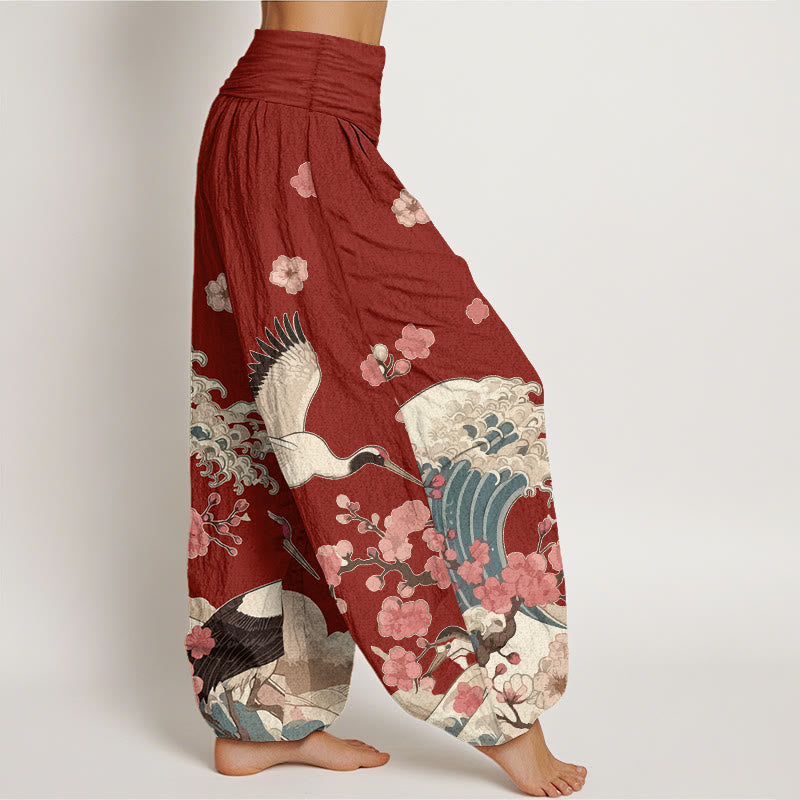 Buddha Stones, reine Baumwolle, Kraniche, Pfirsichblüten, Ozean – Damen-Haremshose mit elastischem Bund - image 2