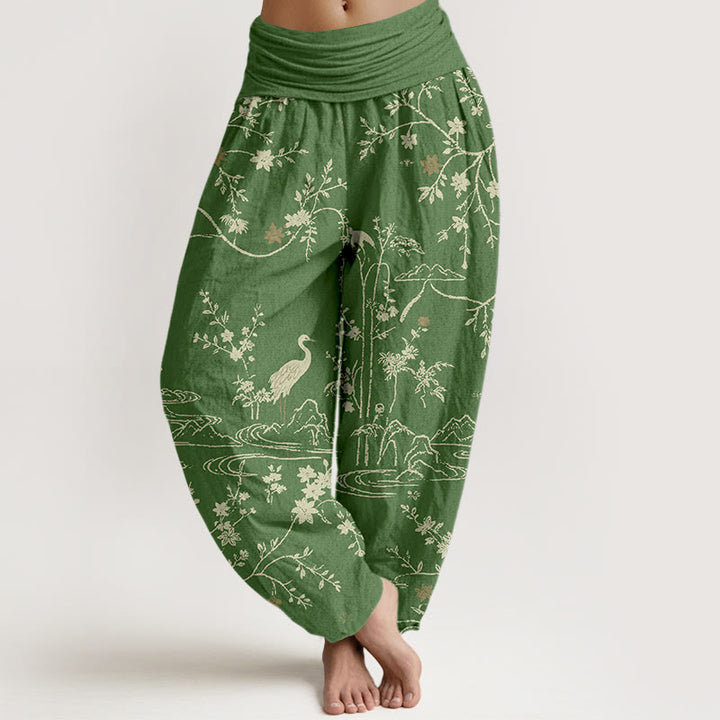 Damen-Haremshose aus reiner Baumwolle mit Buddha Stones, Kranich-, Blumen- und Zweigmuster, elastischem Bund. - Waldgrün - US16, UK/AU20, EU48 (3XL) - image 5