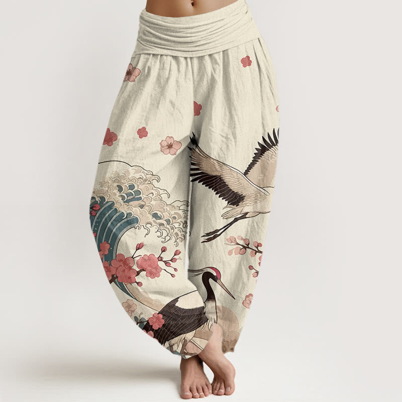 Buddha Stones, reine Baumwolle, Kraniche, Pfirsichblüten, Ozean – Damen-Haremshose mit elastischem Bund - Leinen - US16, UK/AU20, EU48 (3XL) - image 8