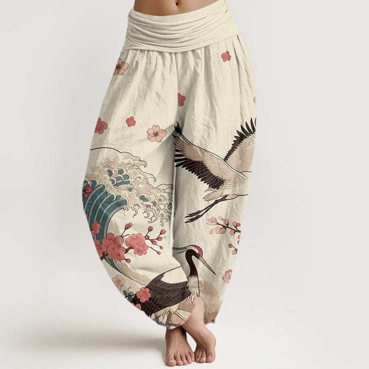 Buddha Stones, reine Baumwolle, Kraniche, Pfirsichblüten, Ozean – Damen-Haremshose mit elastischem Bund - Leinen - US16, UK/AU20, EU48 (3XL) - image 8