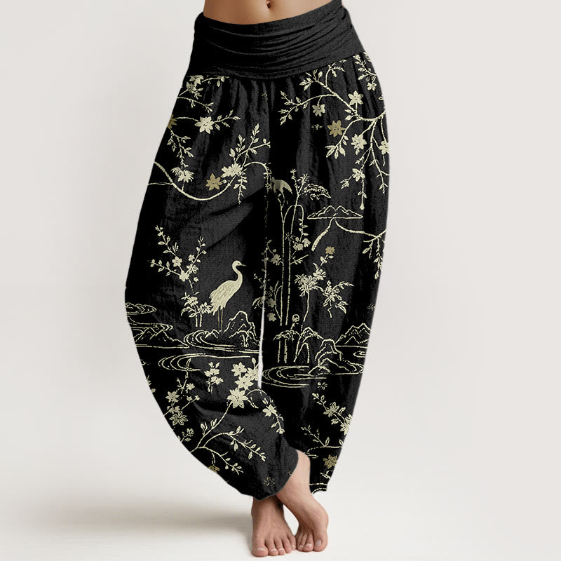 Damen-Haremshose aus reiner Baumwolle mit Buddha Stones, Kranich-, Blumen- und Zweigmuster, elastischem Bund. - Schwarz - US16, UK/AU20, EU48 (3XL) - image 8