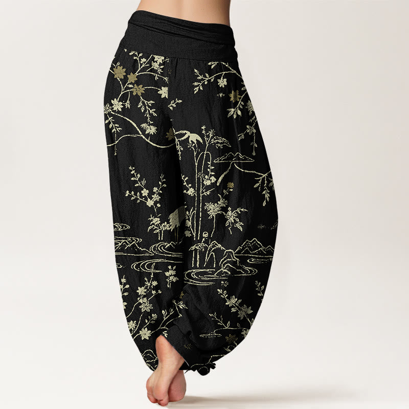 Damen-Haremshose aus reiner Baumwolle mit Buddha Stones, Kranich-, Blumen- und Zweigmuster, elastischem Bund. - image 9