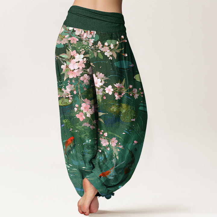 Buddha Stones , reine Baumwolle, Kirschblüten, Koi-Fische, Lotusblätter – Damen-Haremshose mit elastischem Bund - image 1