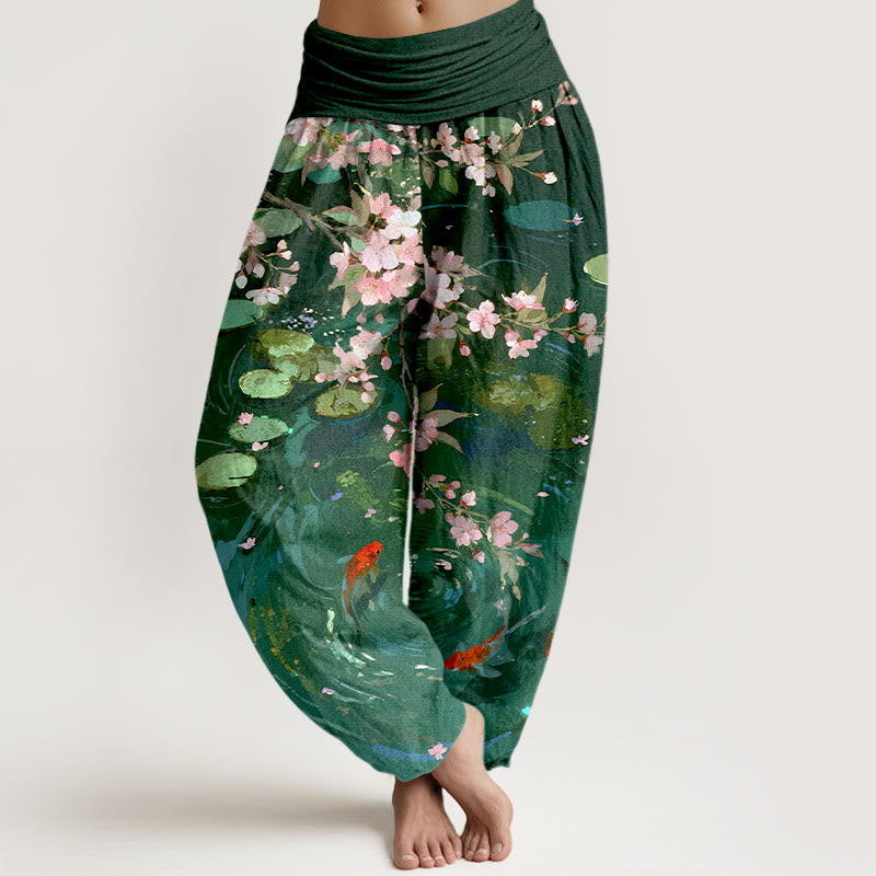 Buddha Stones , reine Baumwolle, Kirschblüten, Koi-Fische, Lotusblätter – Damen-Haremshose mit elastischem Bund - SeaGreen - US16, UK/AU20, EU48 (3XL) - image 0