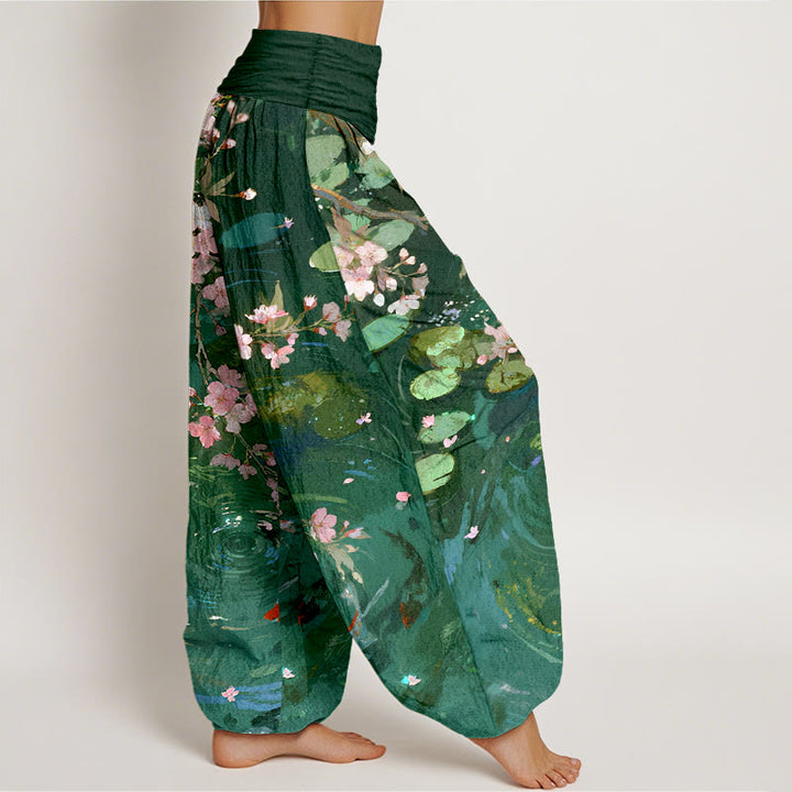 Buddha Stones , reine Baumwolle, Kirschblüten, Koi-Fische, Lotusblätter – Damen-Haremshose mit elastischem Bund - image 2
