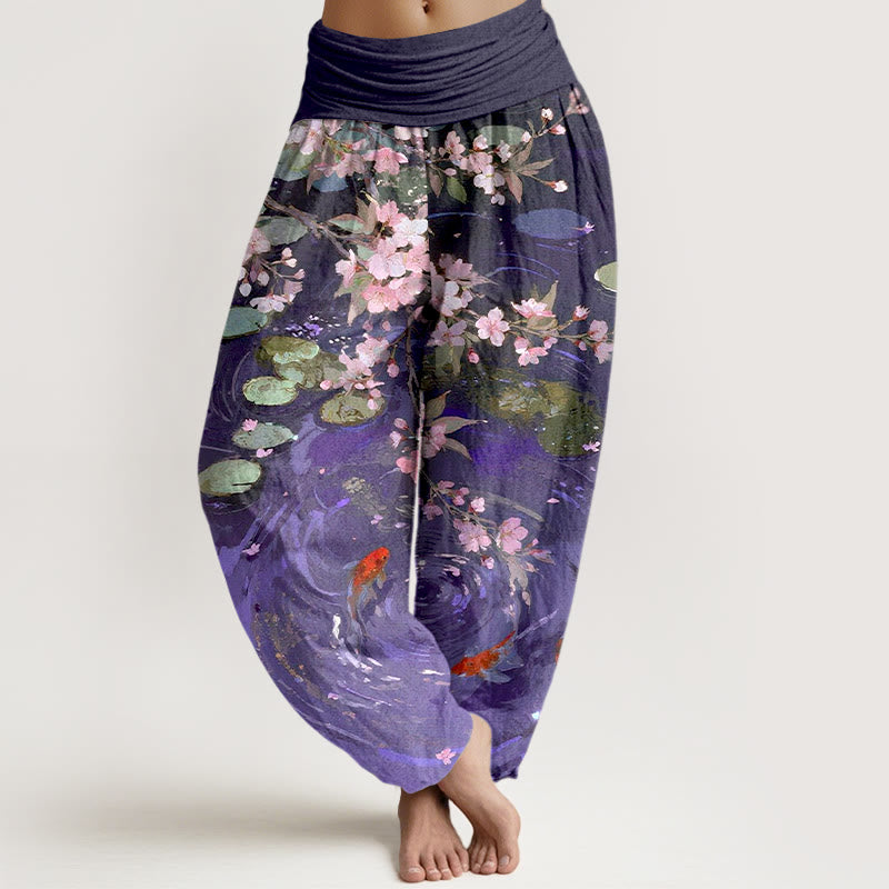 Buddha Stones , reine Baumwolle, Kirschblüten, Koi-Fische, Lotusblätter – Damen-Haremshose mit elastischem Bund - Dunkelviolett - US16, UK/AU20, EU48 (3XL) - image 5