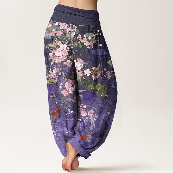 Buddha Stones , reine Baumwolle, Kirschblüten, Koi-Fische, Lotusblätter – Damen-Haremshose mit elastischem Bund - image 6