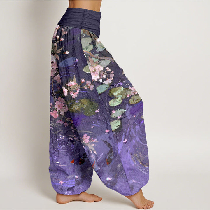 Buddha Stones , reine Baumwolle, Kirschblüten, Koi-Fische, Lotusblätter – Damen-Haremshose mit elastischem Bund - image 7