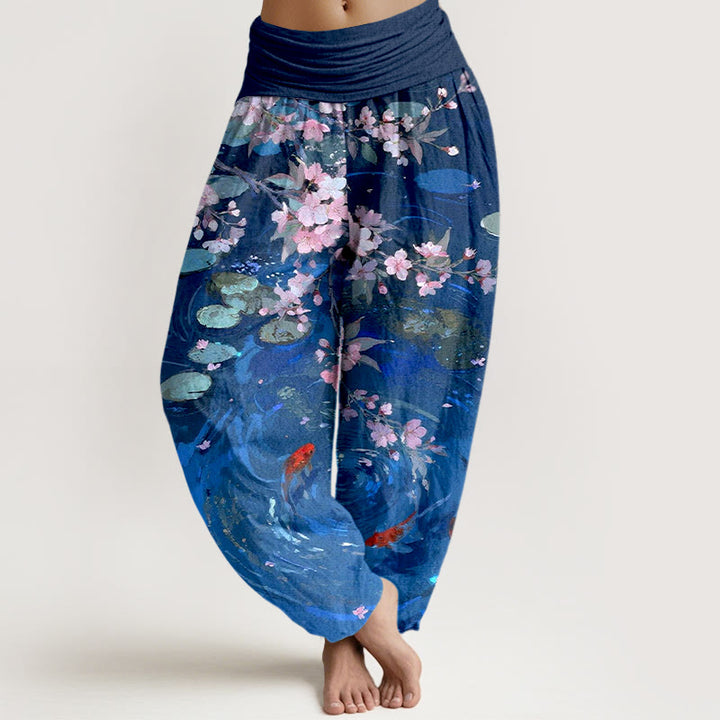 Buddha Stones , reine Baumwolle, Kirschblüten, Koi-Fische, Lotusblätter – Damen-Haremshose mit elastischem Bund - Königsblau - US16, UK/AU20, EU48 (3XL) - image 8