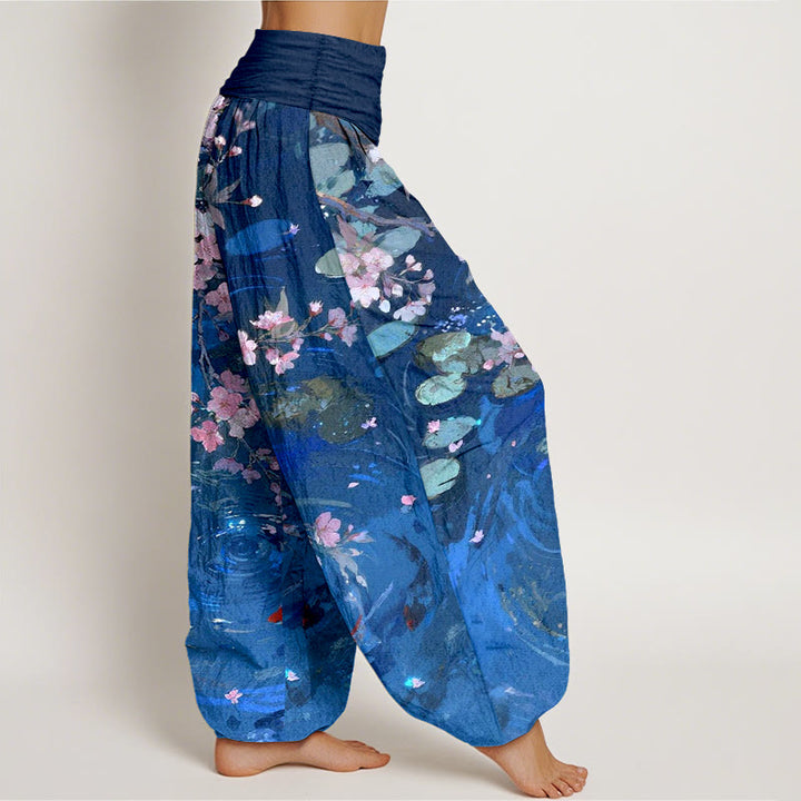 Buddha Stones , reine Baumwolle, Kirschblüten, Koi-Fische, Lotusblätter – Damen-Haremshose mit elastischem Bund - image 10