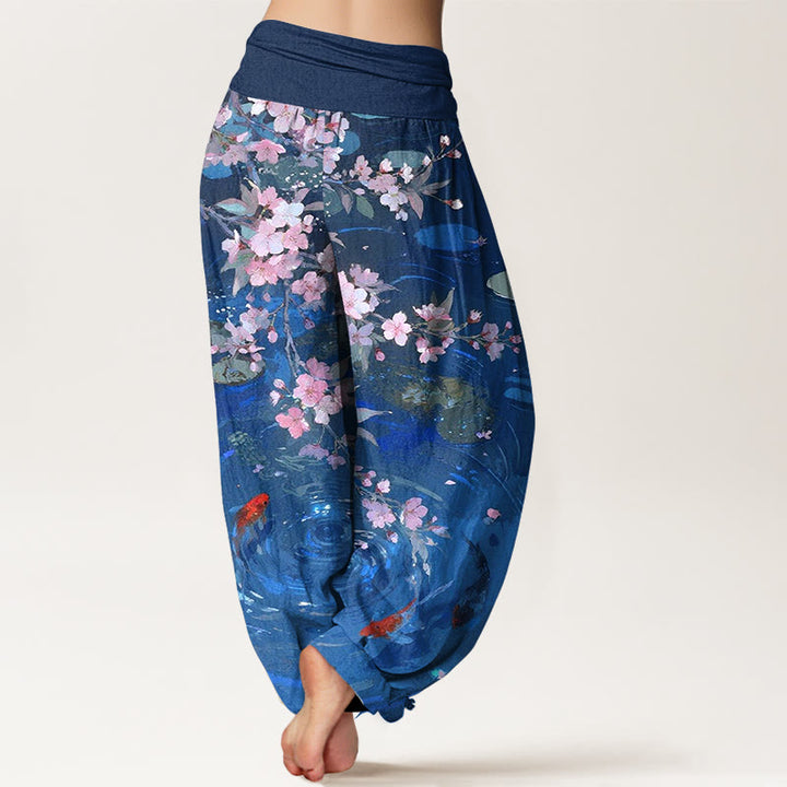 Buddha Stones , reine Baumwolle, Kirschblüten, Koi-Fische, Lotusblätter – Damen-Haremshose mit elastischem Bund - image 9