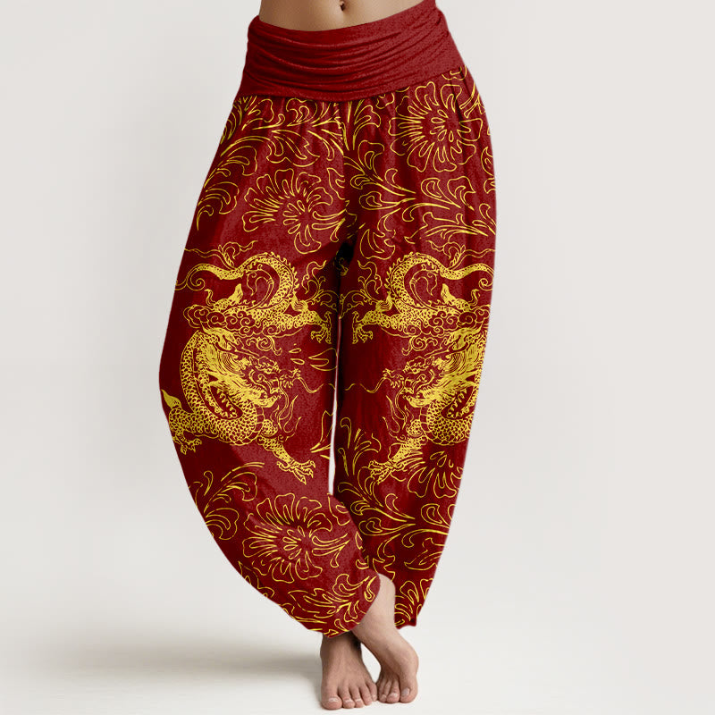 Buddha Stones Haremshose aus reiner Baumwolle mit Drachen- und Blumenmuster, elastischem Bund, Damen - Feuerfestziegel - US16, UK/AU20, EU48 (3XL) - image 0