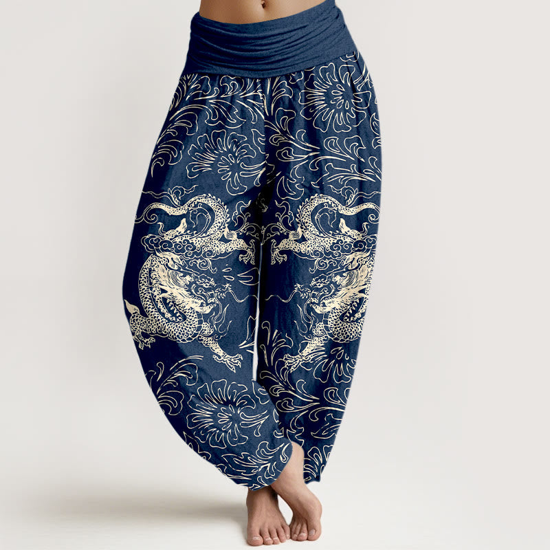 Buddha Stones Haremshose aus reiner Baumwolle mit Drachen- und Blumenmuster, elastischem Bund, Damen - SteelBlue - US16, UK/AU20, EU48 (3XL) - image 5