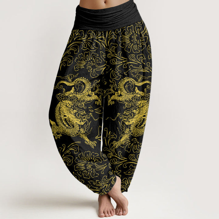Buddha Stones Haremshose aus reiner Baumwolle mit Drachen- und Blumenmuster, elastischem Bund, Damen - Schwarz - US16, UK/AU20, EU48 (3XL) - image 8