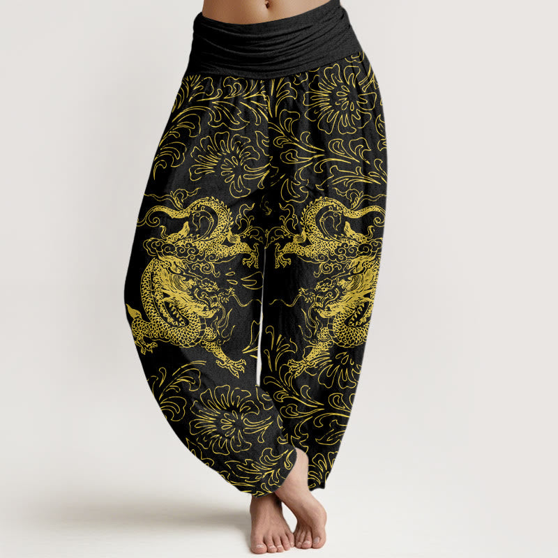 Buddha Stones Haremshose aus reiner Baumwolle mit Drachen- und Blumenmuster, elastischem Bund, Damen - Schwarz - US16, UK/AU20, EU48 (3XL) - image 8
