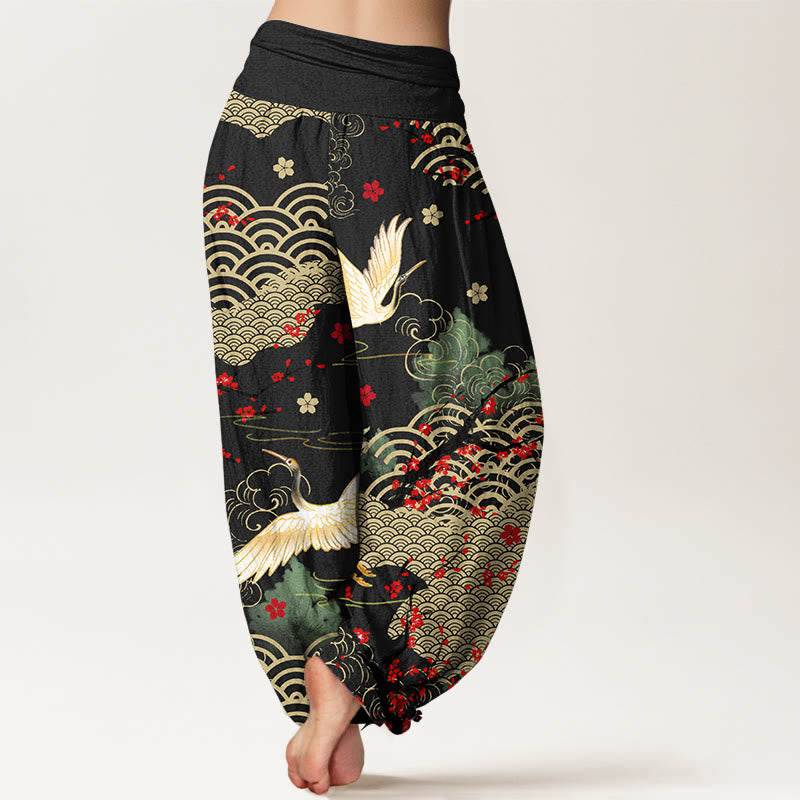 Damen-Haremshose aus Baumwolle mit Buddha Stones -Print, Kranich-, Glückswolken- und Blumenmuster sowie elastischem Bund - image 1