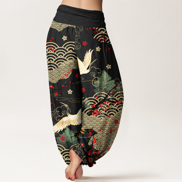 Damen-Haremshose aus Baumwolle mit Buddha Stones -Print, Kranich-, Glückswolken- und Blumenmuster sowie elastischem Bund - image 1