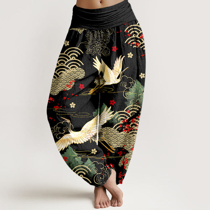 Damen-Haremshose aus Baumwolle mit Buddha Stones -Print, Kranich-, Glückswolken- und Blumenmuster sowie elastischem Bund - Schwarz - US16, UK/AU20, EU48 (3XL) - image 0