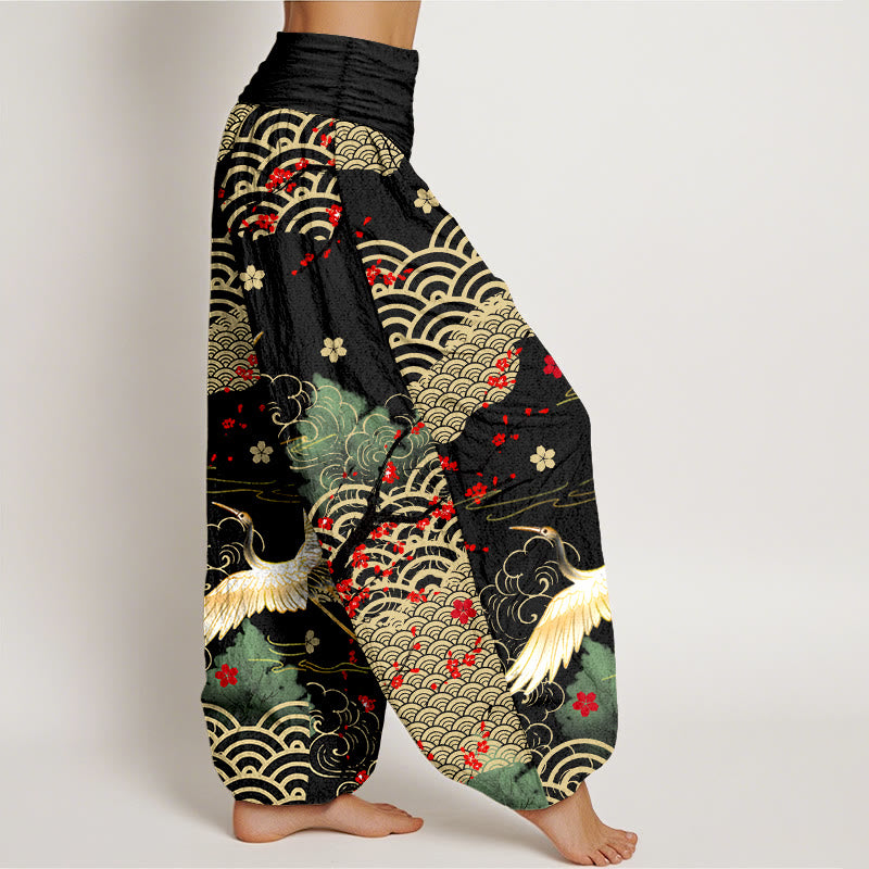 Damen-Haremshose aus Baumwolle mit Buddha Stones -Print, Kranich-, Glückswolken- und Blumenmuster sowie elastischem Bund - image 2
