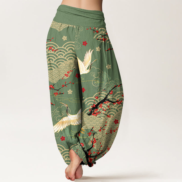 Damen-Haremshose aus Baumwolle mit Buddha Stones -Print, Kranich-, Glückswolken- und Blumenmuster sowie elastischem Bund - image 6