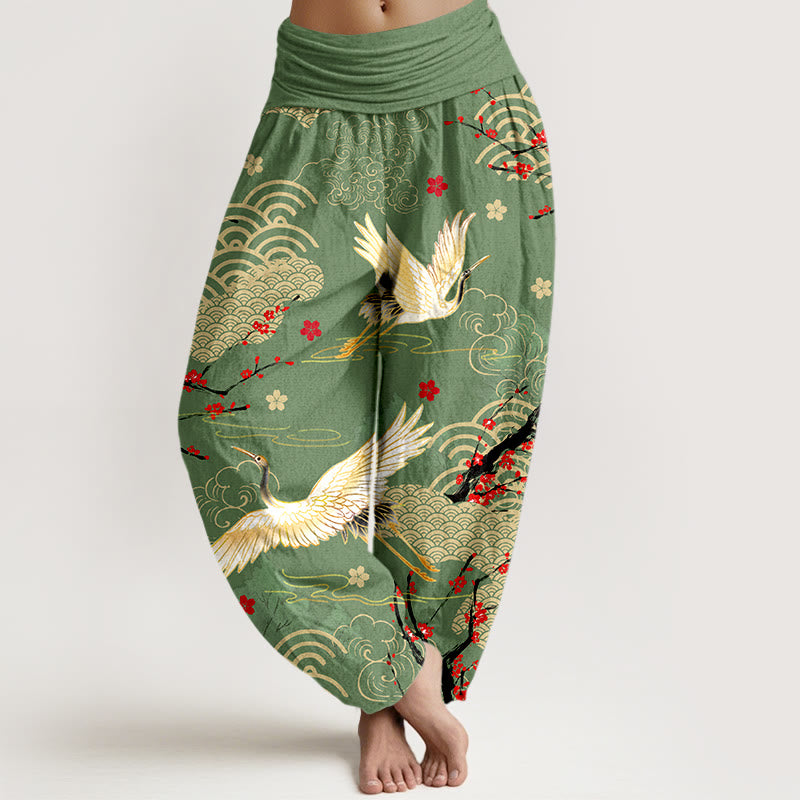 Damen-Haremshose aus Baumwolle mit Buddha Stones -Print, Kranich-, Glückswolken- und Blumenmuster sowie elastischem Bund - Mittelseegrün - US16, UK/AU20, EU48 (3XL) - image 5
