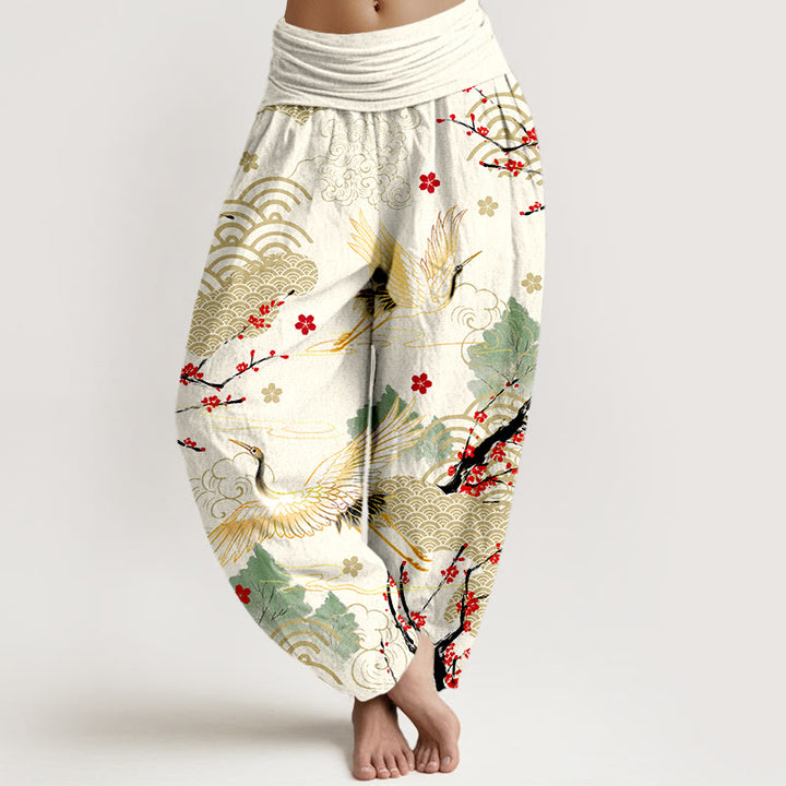 Damen-Haremshose aus Baumwolle mit Buddha Stones -Print, Kranich-, Glückswolken- und Blumenmuster sowie elastischem Bund - Elfenbein - US16, UK/AU20, EU48 (3XL) - image 8