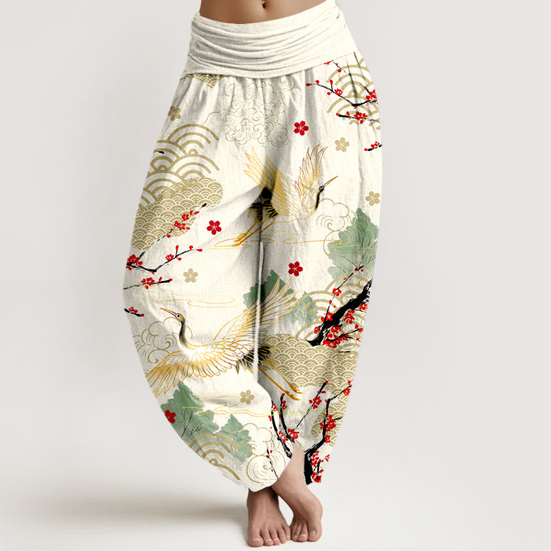 Damen-Haremshose aus Baumwolle mit Buddha Stones -Print, Kranich-, Glückswolken- und Blumenmuster sowie elastischem Bund - Elfenbein - US16, UK/AU20, EU48 (3XL) - image 8