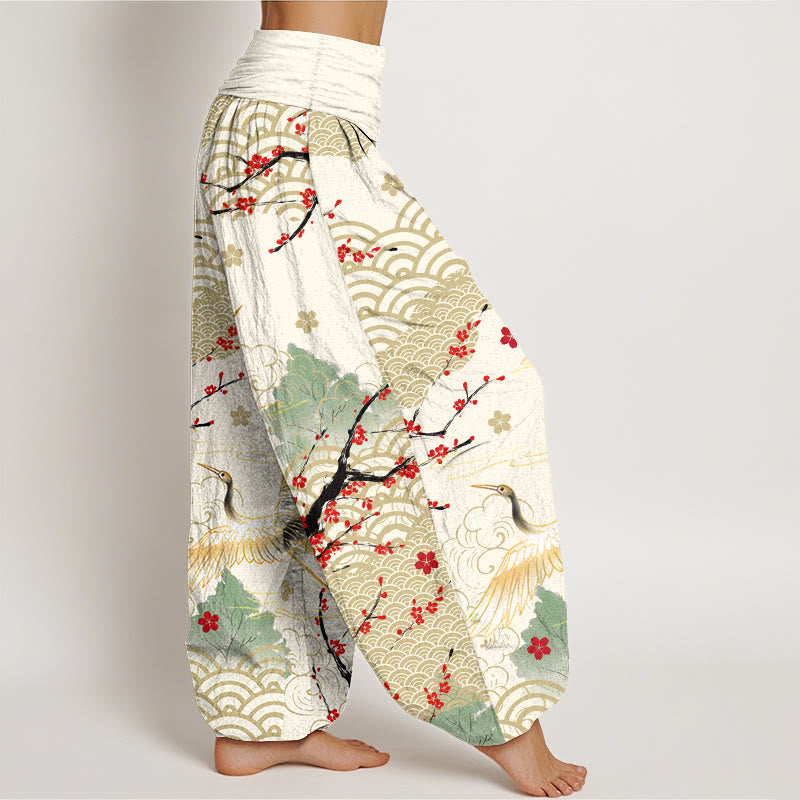 Damen-Haremshose aus Baumwolle mit Buddha Stones -Print, Kranich-, Glückswolken- und Blumenmuster sowie elastischem Bund - image 10