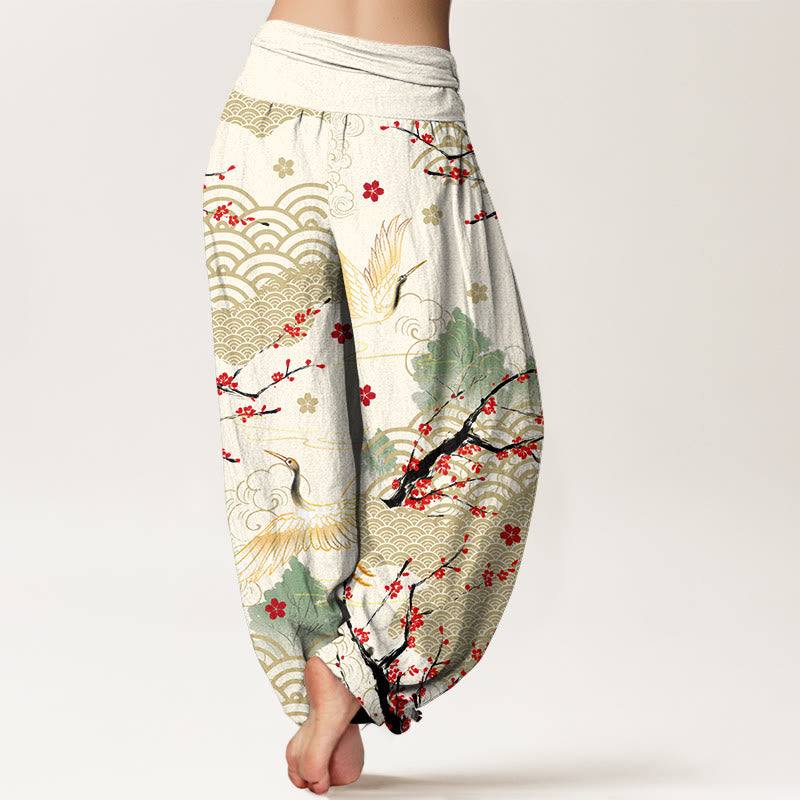Damen-Haremshose aus Baumwolle mit Buddha Stones -Print, Kranich-, Glückswolken- und Blumenmuster sowie elastischem Bund - image 9