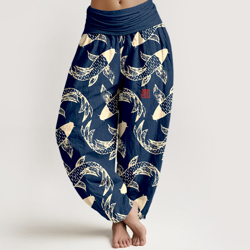 Buddha Stones Damen-Haremshose aus reiner Baumwolle mit Koi-Fisch-Motiv und elastischem Bund - SteelBlue - US16, UK/AU20, EU48 (3XL) - image 0