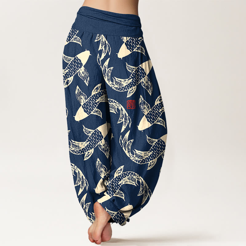 Buddha Stones Damen-Haremshose aus reiner Baumwolle mit Koi-Fisch-Motiv und elastischem Bund - image 1