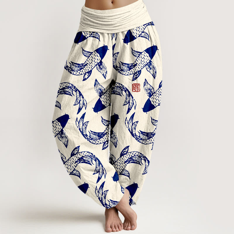Buddha Stones Damen-Haremshose aus reiner Baumwolle mit Koi-Fisch-Motiv und elastischem Bund - Leinen - US16, UK/AU20, EU48 (3XL) - image 5