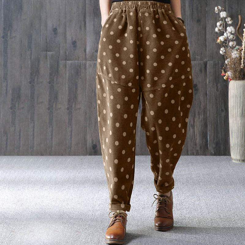 Buddha Stones Damen Herbst-Pendler-Haremshose aus Cord mit Punktmuster und Taschen - image 3