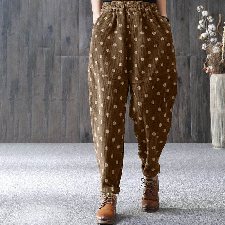 Buddha Stones Damen Herbst-Pendler-Haremshose aus Cord mit Punktmuster und Taschen - image 3