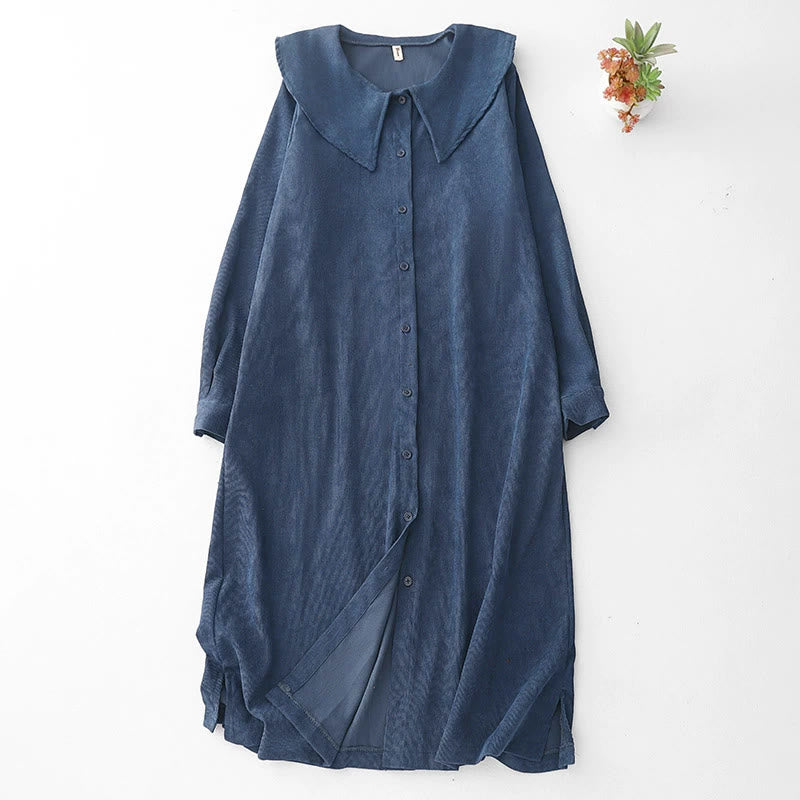 Buddha Stones – Fall – Langärmliges Midikleid aus Cord mit schlichtem Knopfdesign und Taschen - Dunkelblau - US8-10, UK/AU12-14, EU40-42 (2XL) - image 0