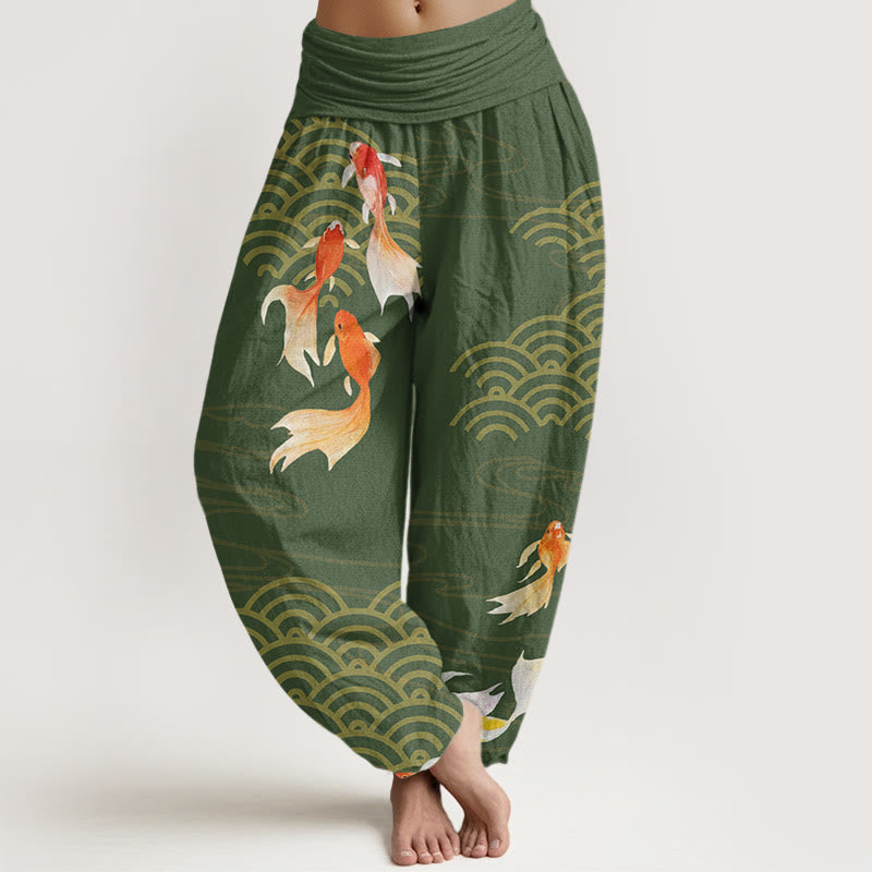 Buddha Stones Haremshose aus reiner Baumwolle mit rotem Koi-Fisch-Fächer-Wellenmuster und elastischem Bund für Damen - Mittelseegrün - US16, UK/AU20, EU48 (3XL) - image 0