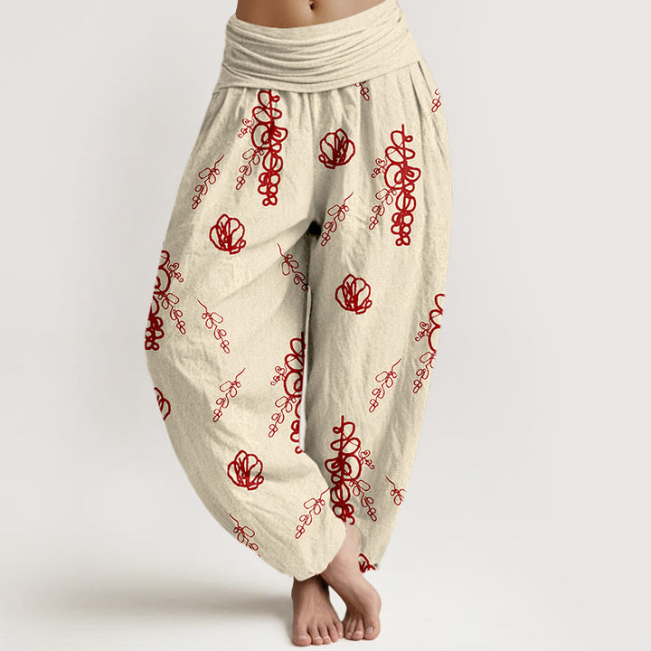 Haremshose aus Baumwolle für Damen mit Buddha Stones -Print, handbemaltem Blumen- und Zweigmuster, elastischem Bund. - Beige & Rot - US16, UK/AU20, EU48 (3XL) - image 0