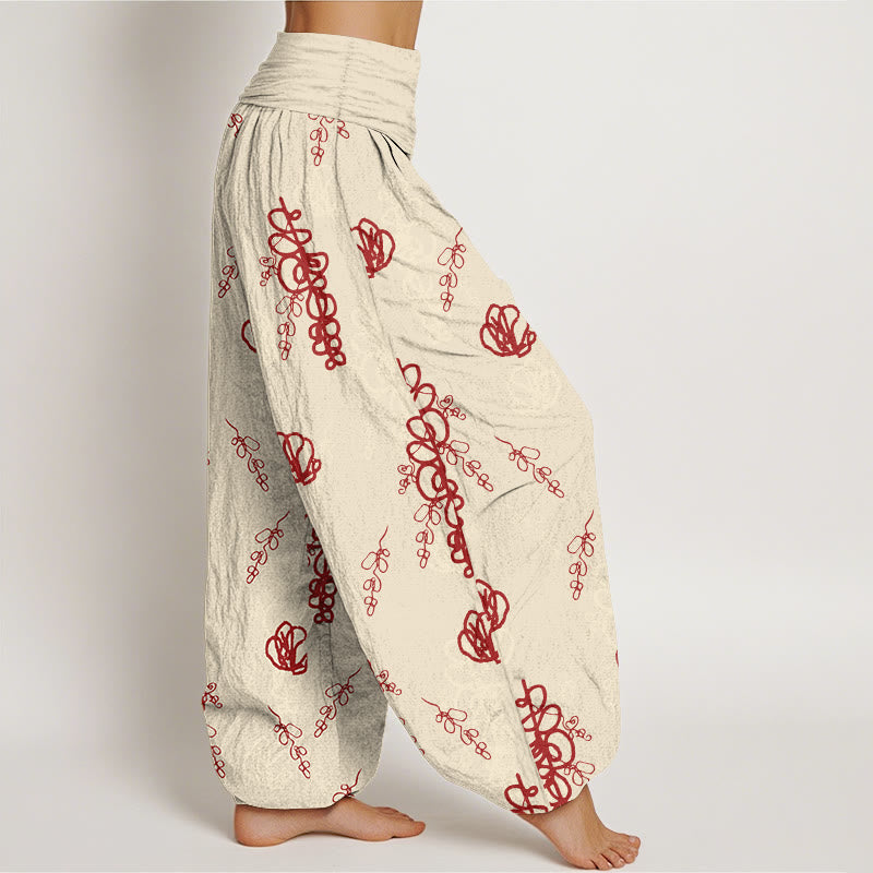 Haremshose aus Baumwolle für Damen mit Buddha Stones -Print, handbemaltem Blumen- und Zweigmuster, elastischem Bund. - image 2