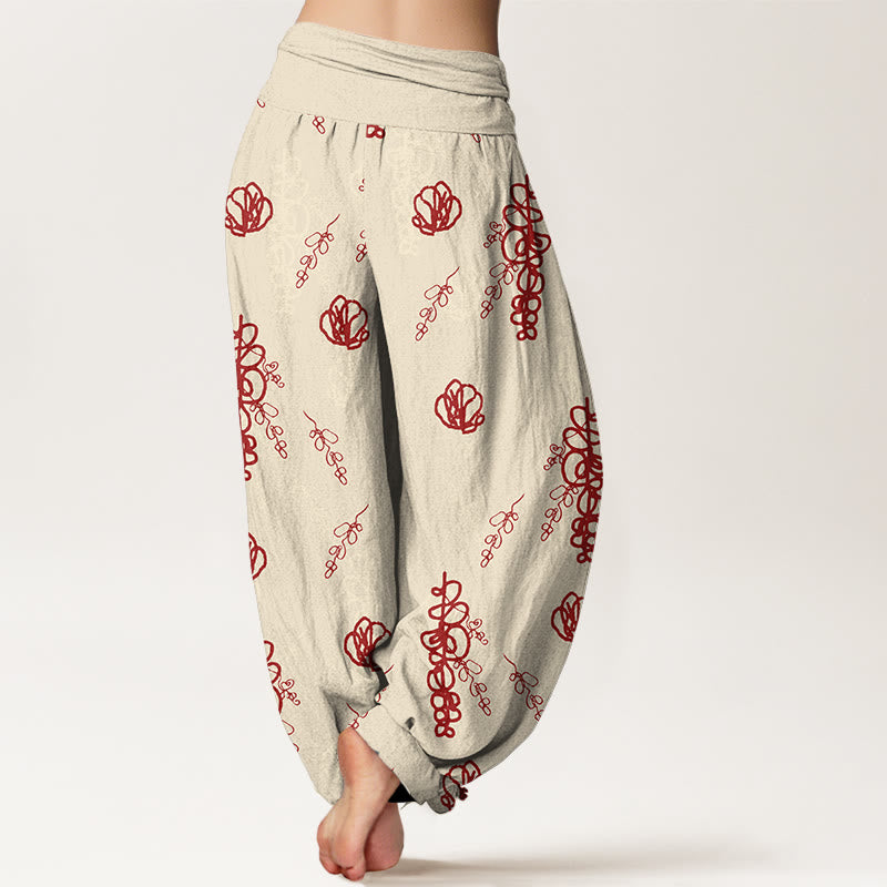 Haremshose aus Baumwolle für Damen mit Buddha Stones -Print, handbemaltem Blumen- und Zweigmuster, elastischem Bund. - image 1