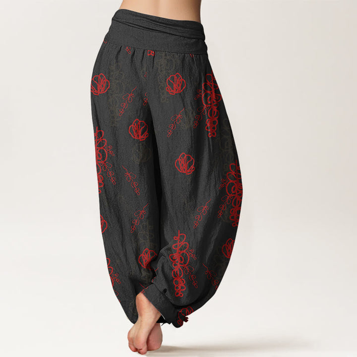 Haremshose aus Baumwolle für Damen mit Buddha Stones -Print, handbemaltem Blumen- und Zweigmuster, elastischem Bund. - image 6