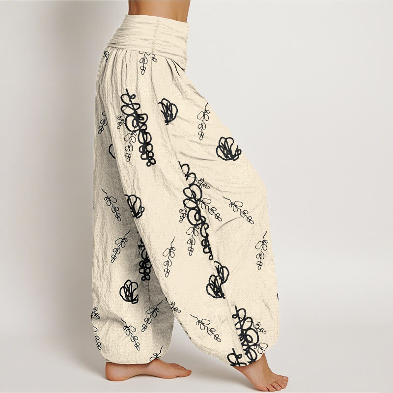 Haremshose aus Baumwolle für Damen mit Buddha Stones -Print, handbemaltem Blumen- und Zweigmuster, elastischem Bund. - image 10