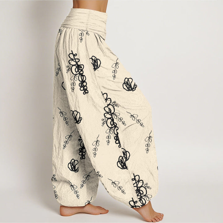 Haremshose aus Baumwolle für Damen mit Buddha Stones -Print, handbemaltem Blumen- und Zweigmuster, elastischem Bund. - image 10