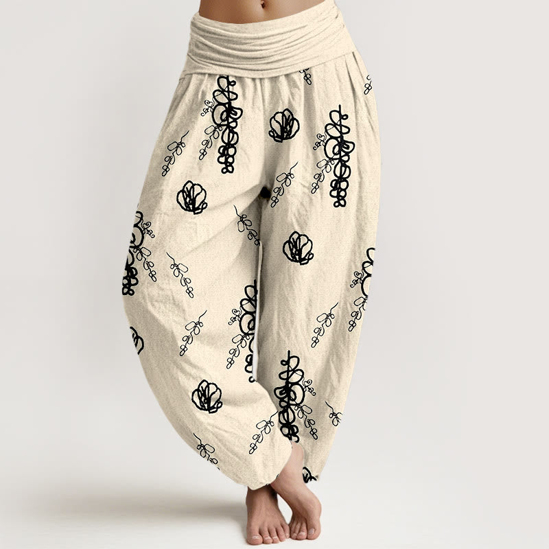 Haremshose aus Baumwolle für Damen mit Buddha Stones -Print, handbemaltem Blumen- und Zweigmuster, elastischem Bund. - Beige & Schwarz - US16, UK/AU20, EU48 (3XL) - image 8